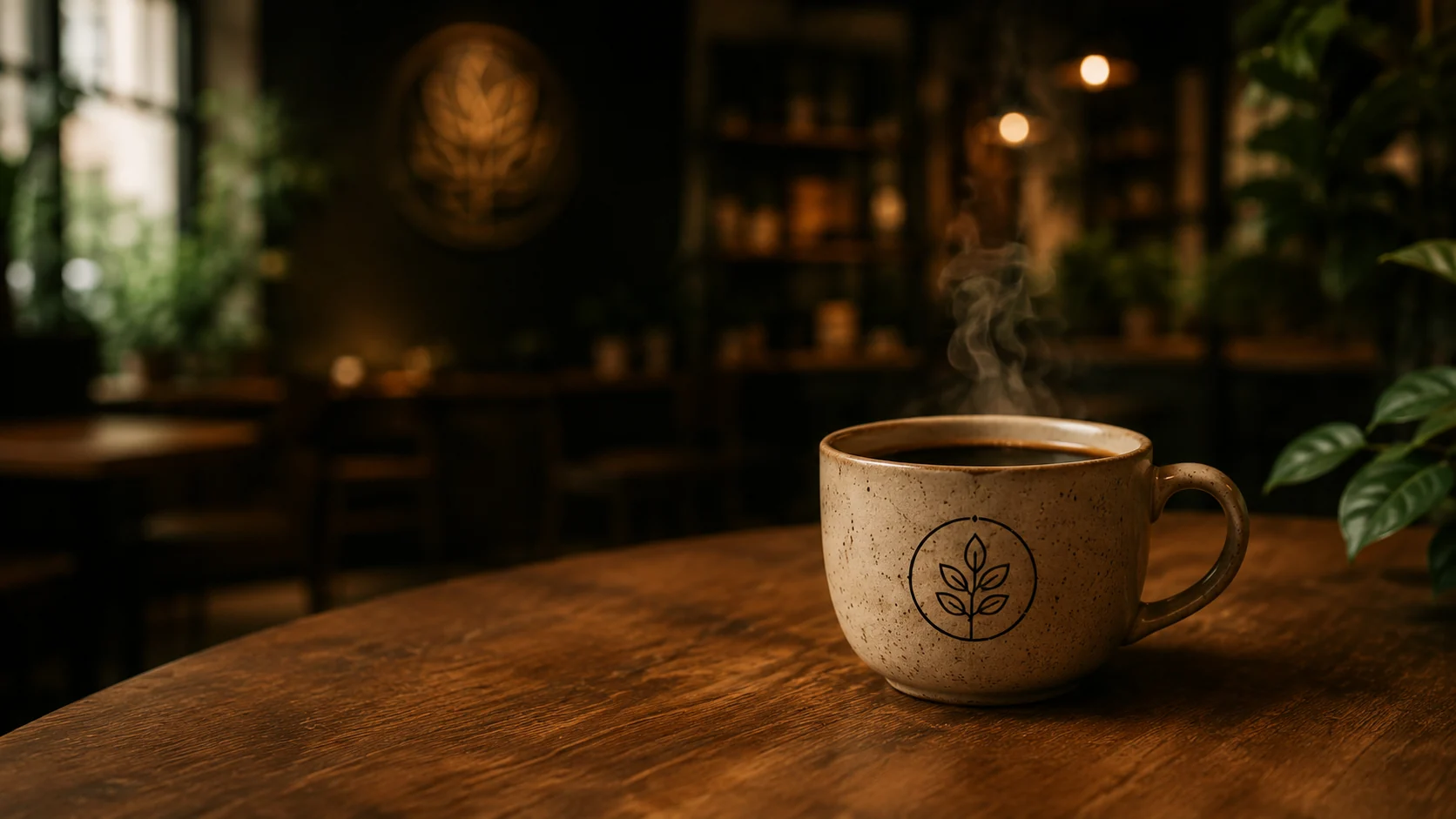 Xícara Verde & Co. com café recém-preparado sobre uma mesa de madeira