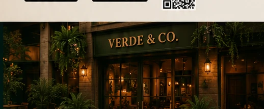 Fachada noturna de uma cafeteria Verde & Co.