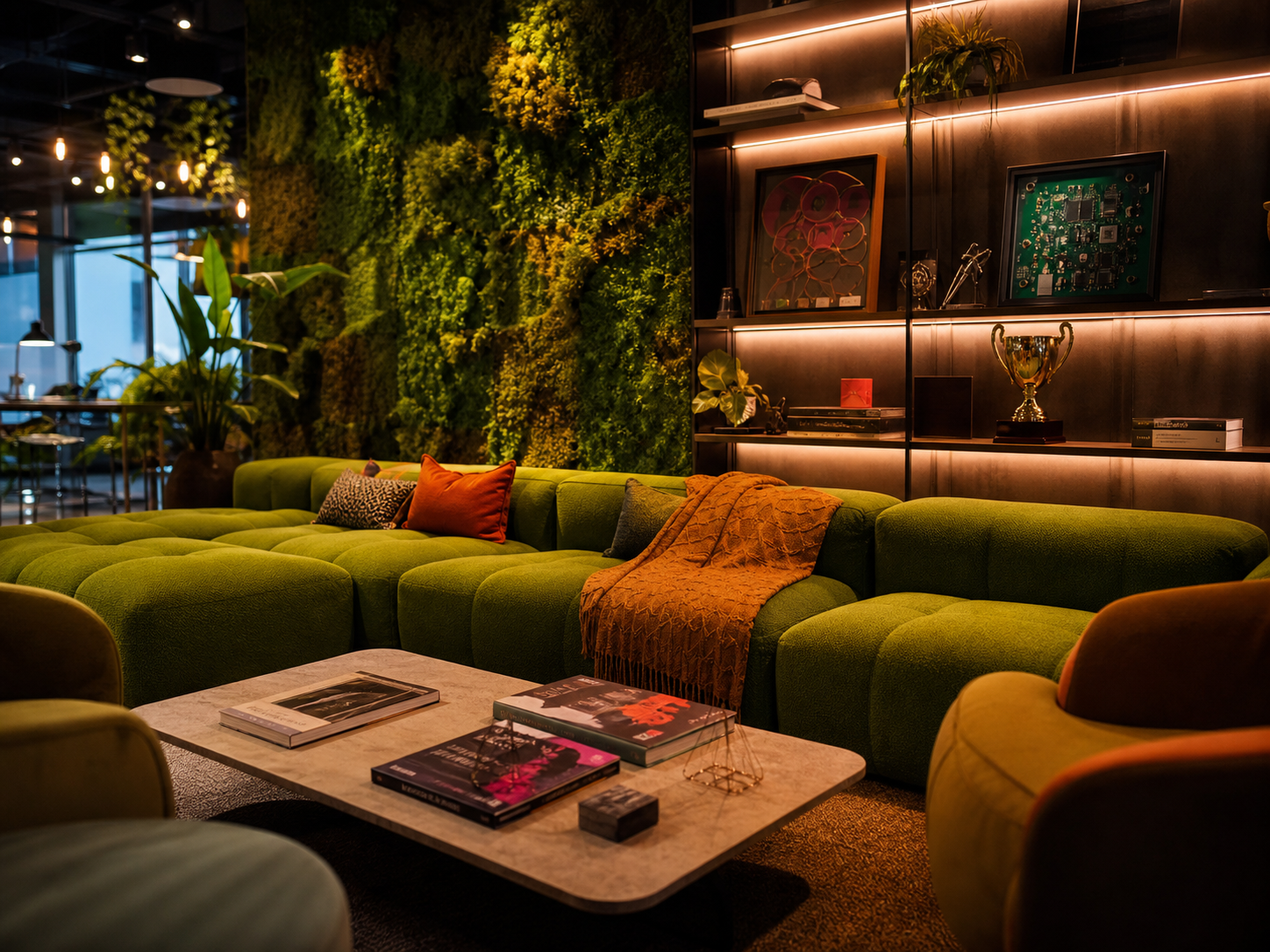 Lounge com sofás verdes e plantas